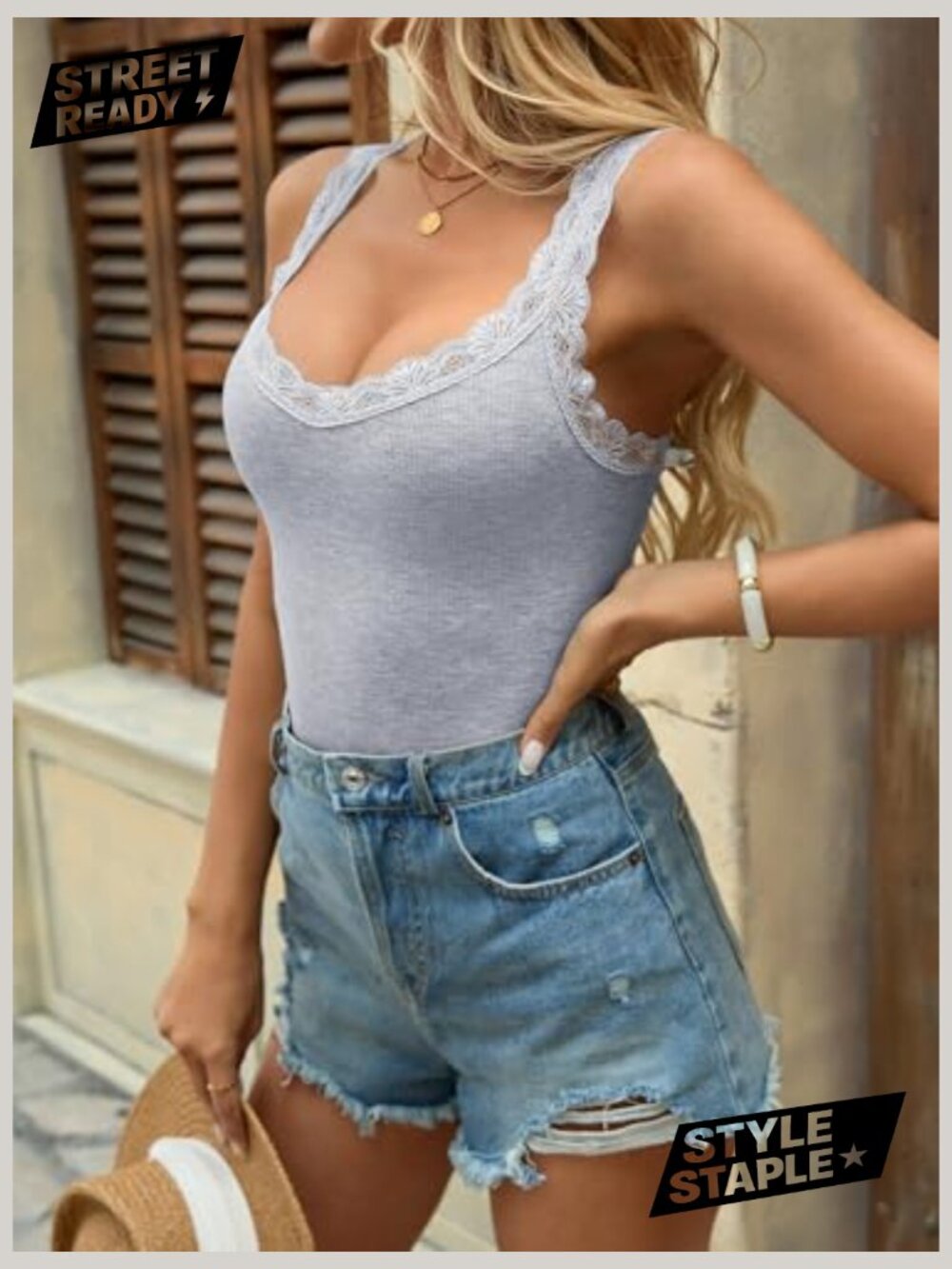 Wide Strap Ribbed Lace Trim Cami Tank Top V-Neck Stretchy - Picture 3 of 7